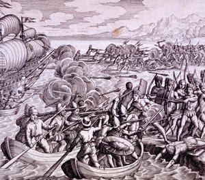 Hvordan spanjolene landet på øya Haiti, med 400 menn som ga en stor kamp med de innfødte, illustrasjon fra "Vespuccis reise til Vestindia" av Theodore de Bry