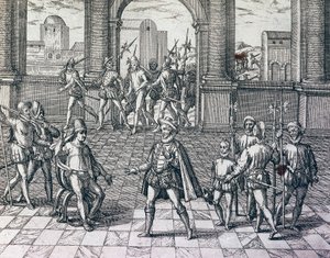 Inka-keiser Atahualpa blir tatt til fange av spanjoler i Cajamarca, Peru, gravering fra amerikansk historie av Theodore de Bry (1528-1598), Frankfurt av Theodore de Bry