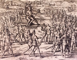 Inka-keiser Atahualpa beseiret av Francisco Pizarros (1475-ca 1541) spanske tropper, Peru, gravering fra amerikansk historie av Theodore de Bry (1528-1598), Frankfurt av Theodore de Bry