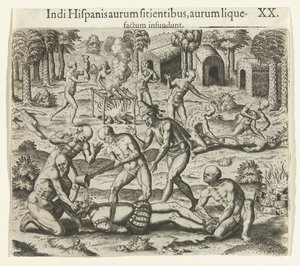 Indianere heller flytende gull inn i munnen til en spanjol, 1594. av Theodore de Bry