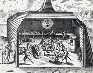 Interiør av William Barents (ca 1550-1597) vinterhjem i den russiske øygruppen Novaja Zemlya, av Theodor de Bry (1528-1598), gravering av Theodore de Bry