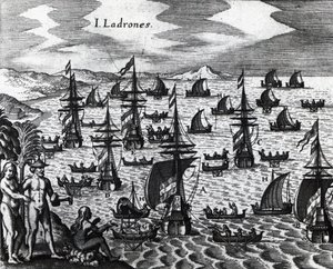 Tyvenes øyer (Islas de los Ladrones, i dag Marianas-øyene), gravering fra Peregrinationes, av Theodor de Bry (1528-1598). Det 16. århundre av Theodore de Bry
