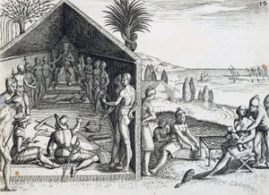 Konge som mottar europeiske besøkende, Cape Lopez, Gabon, gravering fra India orientalis av Theodor de Bry (1528-1598), Afrika av Theodore de Bry