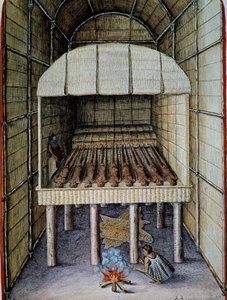 Innfødtes liv, begravelse av døde, gravert av Theodor de Bry (1528-1598), fra Admiranda Narratio, trust tamen, commodis et de incolarvm ritibvs Virginia, av Thomas Harriot (1560-1621), Nord-Amerika av Theodore de Bry