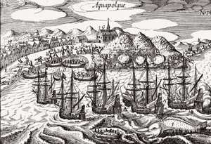 Mexico, View of Acapulco - Mexico (Aquapolque), Theodore de Bry, ca. 1630. Early view of the colonial settlement at Acapulco, which the Spanish used as the main port for their Pacific trade with the Philippines. The harbor is filled with galleons and a lar av Theodore de Bry