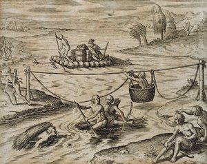 Native American Indians Going Down River Rapids, av Theodore de Bry av Theodore de Bry