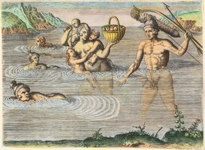 Innfødte i Florida: en familie som svømmer fra en øy til en annen. Fra "" Americae,"" del II av Theodore de Bry