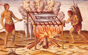 Natives lives: How Indians Cook Fish, Illustrasjon fra Admiranda Narratio av Theodore De Bry av Theodore de Bry