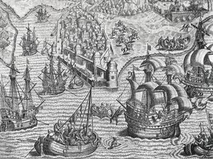 Sjøslag, gravering fra amerikansk historie av Theodore de Bry (1528-1598), Frankfurt av Theodore de Bry