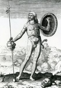 Piktisk mann som holder et menneskehode av Theodore de Bry
