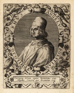 Poliziano , italiensk klassisk lærd. av Theodore de Bry