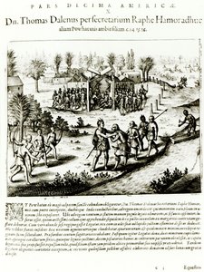 Ralph Hamor besøker Powhatan, 1619 (gravering) (bw-bilde) av Theodore de Bry