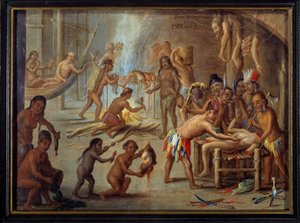 Scene for kannibalisme i Brasil i 1644. Indianerne slukte sine fiender og fanger. Maleri av Jan van Kessel dit le vieux (1626-1679) (ec.flam.) fra en illustrasjon av Theodore de Brys reise til Brasil. Sol. 0,18x0,24 m La Rochelle, museum d