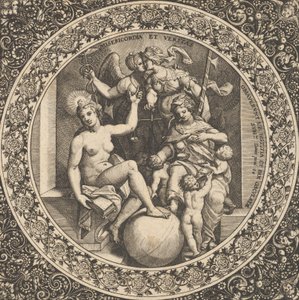 Scene med Misericordia og Veritas in a Circle at Center, 1580-1600. av Theodore de Bry