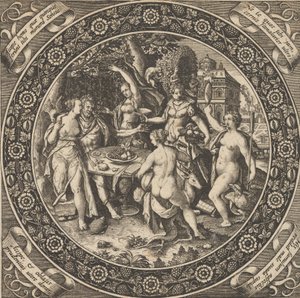 Scene med en kjærlighetsfest i en sirkel i sentrum, 1580-1600. av Theodore de Bry