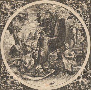Scene med en advarsel mot kjønnssykdom i en sirkel i sentrum, 1580-1600. av Theodore de Bry