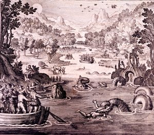 Sir Walter Raleigh: Oppdagelsen av det store, rike og vakre riket Guyana, fra 'Newe Weld un Americanische Historien', av Johann Ludwig Gottfried, 1631