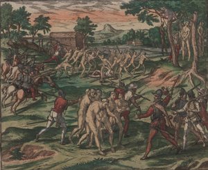 Slaver prøver å overvinne sine spanske eiere, men blir tatt til fange og hengt fra trær, 1595. av Theodore de Bry