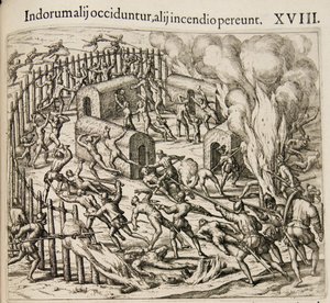 Noen indianere blir drept, noen omkommer i en brann. Fra: Americae pars qvarta av Theodore de Bry