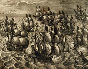 Spansk Armada-kommando av Rodrigo Mendoza, gravering av Theodore de Bry (1528-1598) hentet fra History of America av Theodore de Bry, Spania, 1602 av Theodore de Bry