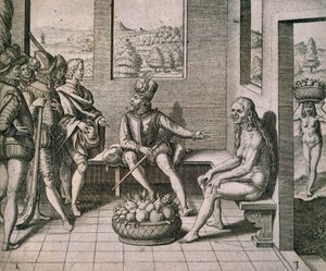 Spanske erobrere som møter innfødte kvinner i Amerika, av Theodore de Bry av Theodore de Bry