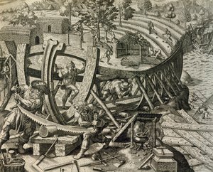 Spanske sjømenn bygger karavel, gravering fra Historia Americae, av Theodor de Bry (1528-1598) av Theodore de Bry