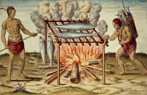 Taino-innfødte tilbereder fisk, fargegravering av Theodor de Bry (1528-1598) fra maleri av John White, fra Kort og sann rapport om det nye funnet landet Virginia av Theodore de Bry