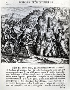 Brenningen av Hatuey av spanjolene i Yara, Cuba, 2. februar 1512, 1664 av Theodore de Bry