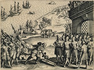 Nederlenderne går i land i Calcutta av Theodore de Bry