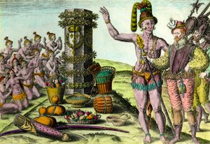 Floridianerne kom kolonnen erigee av den franske navigatøren Jean Ribault (1520-1565) fra den første ekspedisjonen til Florida gravering fra "History of America" av Theodore De Bry (1528-1598) 1500-talls privatsamling av Theodore de Bry