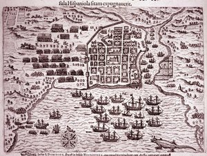 Francis Drake-flåten okkuperer øya Santo Domingo (gravering av Theodore de Bry