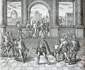 Inkakongen Atahualpa blir tatt til fange av spanjoler i Cajamarca, illustrasjon fra amerikansk historie av Theodore de Bry av Theodore de Bry