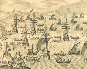 The Island of Thieves, gravering fra amerikansk historie av Theodore de Bry, Nord-Amerika 1600-tallet. av Theodore de Bry