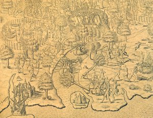 Portugiserne presser mot innlandet og blir angrepet av en lokal stamme av Theodore de Bry