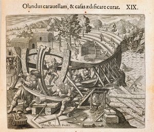 Spanjolene bygger sitt første skip i den nye verden, gravering av Theodor de Bry (1528-1598) fra Americae pars quarta, sive, Insignis et admiranda historia de reperta primum Occidentali India Christopher Columbus, av Girolamo Benzoni av Theodore de Bry