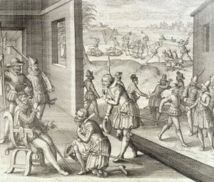 The Spanish Capture Fort Caroline, 1565, fra 'Newe Welt und Americanische Historien' av Johann Ludwig Gottfried, utgitt av Mattaeus Merian, Frankfurt, 1631 av Theodore de Bry