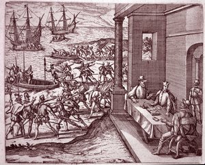 De spanske erobrerne Francisco Pizarro, Diego de Almagro og Hernando de Luque slo seg sammen for å erobre Peru (gravering av Theodore de Bry