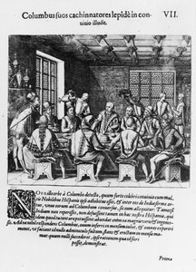 Historien om egget til Christopher Columbus (1450-1506) 1585-88 (gravering) (bw-foto) av Theodore de Bry