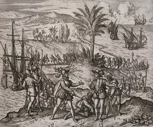 Arrestasjonen av Christopher og Bartholomew Columbus etter ordre fra Francisco de Bobadilla av Theodore de Bry