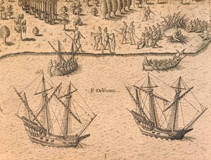 Ankomsten av franske skip til Florida av Theodore de Bry