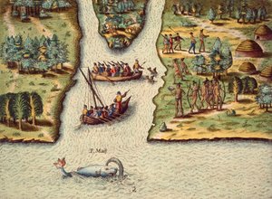 Franskmennenes ankomst, gravering av Theodore de Bry (1528-1598), fra The Discourse of Florida. av Theodore de Bry