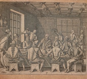 Egget til Columbus, gravering av Theodor de Bry (1528-1598) fra Americae pars quarta, sive, Insignis et admiranda historia de reperta primum Occidentali India Christopher Columbus, av Girolamo Benzoni av Theodore de Bry