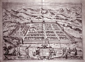 Utsikt over inkabyen Cuzco, Peru (gravering av Theodore de Bry