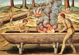 Virginia-innfødte bygger en piroga av Theodore de Bry