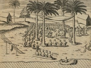 Velkommen fra urfolk i Afrika, Illustrasjon fra Indiae Orientalis av Antonio Pigafetta, av Theodore de Bry av Theodore de Bry