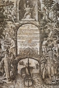 Vestindia eller Amerika, av Theodor de Bry (1528-1598), frontispice, gravering av Theodore de Bry