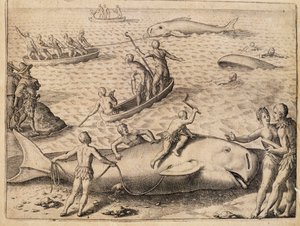 Hvalfangst nær Spitsbergen, gravering av Theodor de Bry (1528-1598) fra India Orientalis (Øst-India) av Theodore de Bry