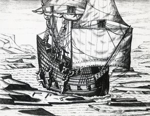 William Barents (ca 1550-1597) skip under den tredje nederlandske ekspedisjonen på jakt etter Nordøstpassasjen, av Theodor de Bry (1528-1598), gravering av Theodore de Bry