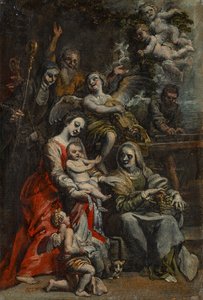 Den hellige familie med Saint Anne, andre helgener og engler (olje på papir lagt på panel) av Theodore van Loon
