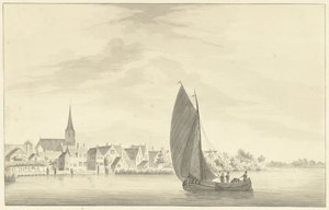 Landsbyen Gouderak med et seilskip i forgrunnen av Theodorus Cornelis Schutter